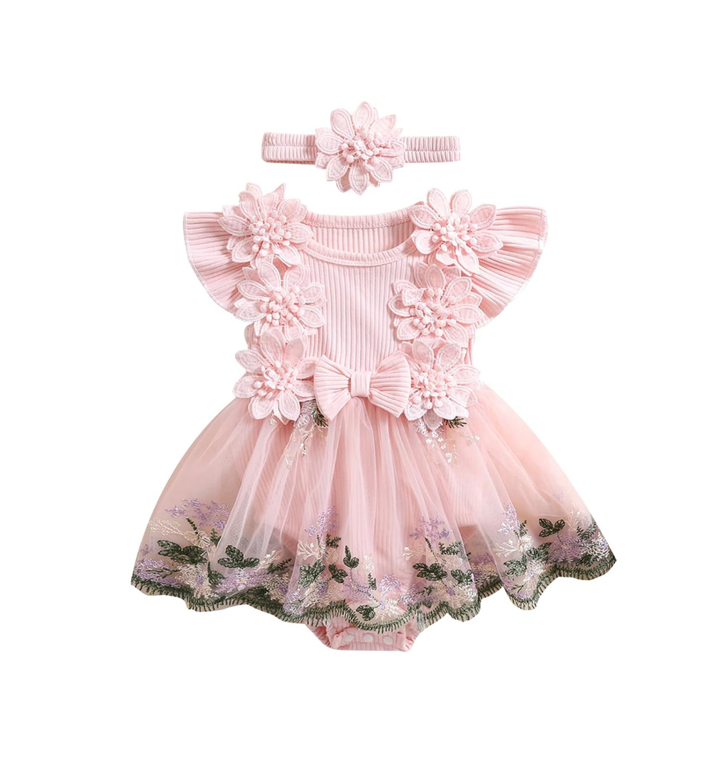 Douhoow Baby Girl Dress Romper Baby Romper Dress Flowers Embroidery Tulle Skirt Infant Girl Summer Clothes with Headband, Size 9-12 months