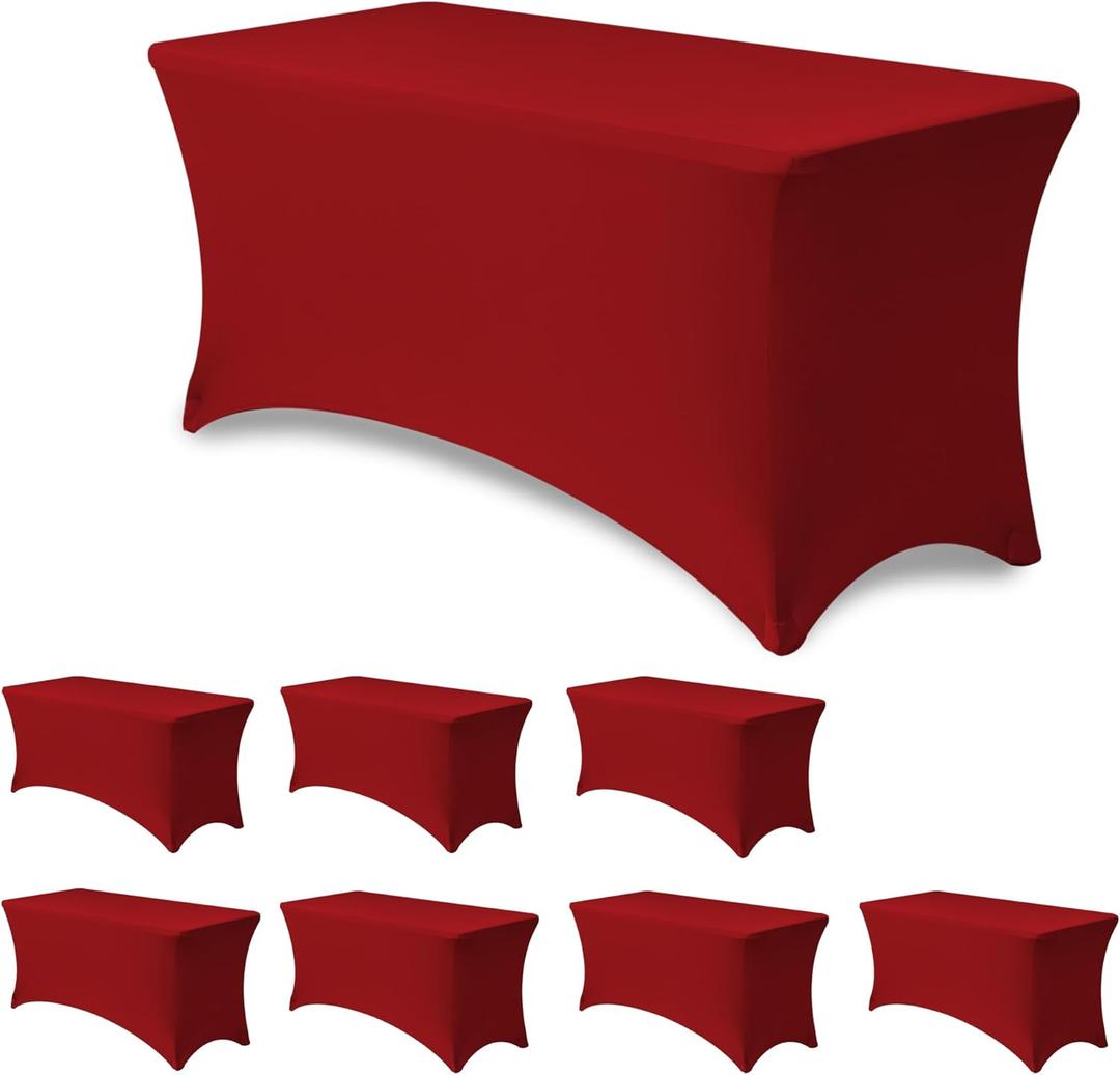 Stretch Spandex Table Cover for 4 Foot Folding Tables-8 Pack Red Fitted Elastic Christmas Tablecloths for Rectangle Tables Protector for Party, Wedding, Vendor Booth Display, Banquet Event