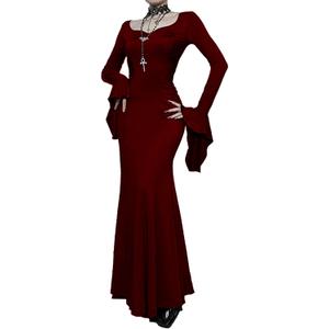 TSMNZMU Gothic Maxi Dresses for Women Dark Style Slim Long Dresses Long Flare Sleeve V-Neck Vintage Evening Dress (Small, Wine Red)