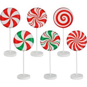 6 Pcs Wooden Christmas Peppermint Sign Holiday Red Green Candy Canes Wood Block Standing Topper Farmhouse Lollipop Table Centerpiece for Xmas Party Home Kitchen Tiered Tray Decor