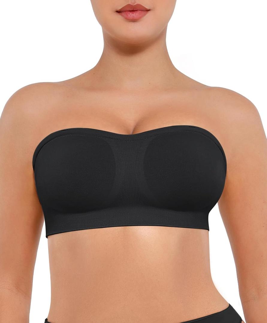 FeelinGirl Strapless Bra for Women Seamless Wireless Bralette - Strapless Support, Adjustable & Padded, Full Coverage (X-Large, Black)