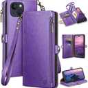 XcaseBar for iPhone 15 6.1" Wallet case with Zipper Credit Card Holder RFID Blocking,Flip Folio Book PU Leather Shockproof Strap Protective Cover Women Men for Apple 15 Phone case Purple
