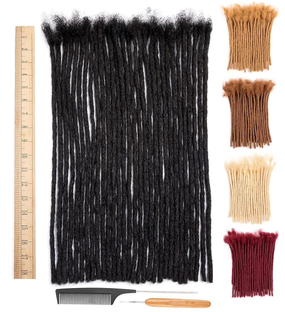 DAIXI 0.6cm Thickness 18 Inch 10 Strands 100% Real Human Hair Dreadlock Extensions for Man/Women Full Head Handmade 0.24Inch Thinner Can Be Dyed and Bleached Soft Dreadlocks with Needle and Comb