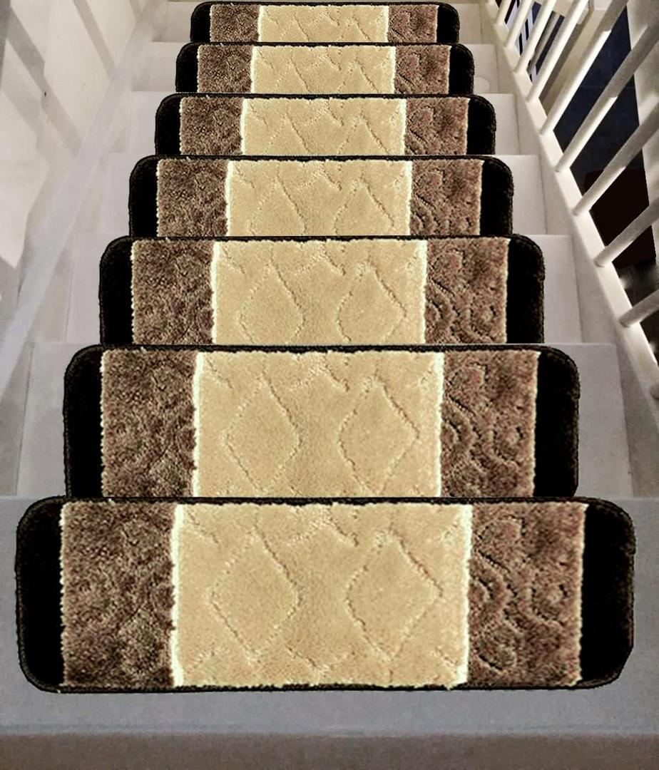 Gloria Rug High Pile Skid-Resistant Rubber Backing Gripper Carpet Stair Treads - Washable Stair Mat Area Rug (Set of 7), 8.5" x 26" (2207 Brown)