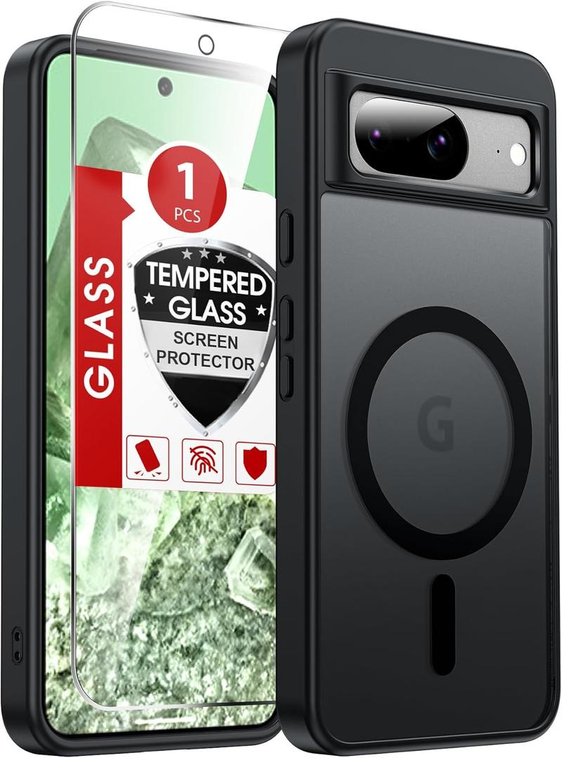 LeYi for Pixel-8 Case: Compatible for Google Pixel 8 Case [Mag-Safe Fit] with Screen Protector, Frosted Translucent Soft-Touch Skin & Full Body Protection Funda para Pixel 8, Black (Pixel 8 (6.2 inch))