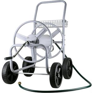 Hose Reel Cart, 300FT of 5/8’’ Hose, Heavy-Duty Water Hose Cart with 4 Wheels, Storage Basket, Portable Water Hose Organizer for Outside Yard, Outdoor Planting Tool (Sliver)