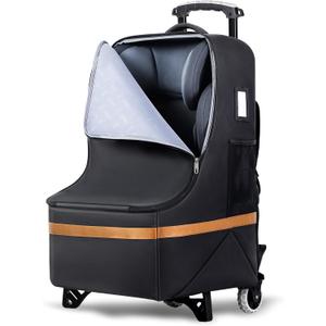 Padded Car Seat Travel Bag for Airplane with Wheels, Heavy Duty Carseat Bags for Air Travel, Rolling Gate Check Backpack and Dolly Carrier, Storage for Baby Essentials, Black