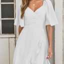 Dokotoo Women's Wrap V Neck Short Flared Sleeve Wedding Guest Dress Smocked Elastic Waist Tiered Belted Ruffle Hem Mini Dress (White). XL Size