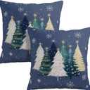 Wnoesat Blue Christmas Pillow Covers 18x18 Set of 2 Teal White Gold Xmas Tree Snowflakes Decorative Outdoor Throw Pillow Cases Winter Holiday Farmhouse Cushion Cover for Sofa Couch Patio