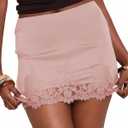 Women's Lace Trim Satin Mini Skirt Low Waisted Zip Back Half Silk Slip Bodycon Short Skirts with Lining (Pink, L)