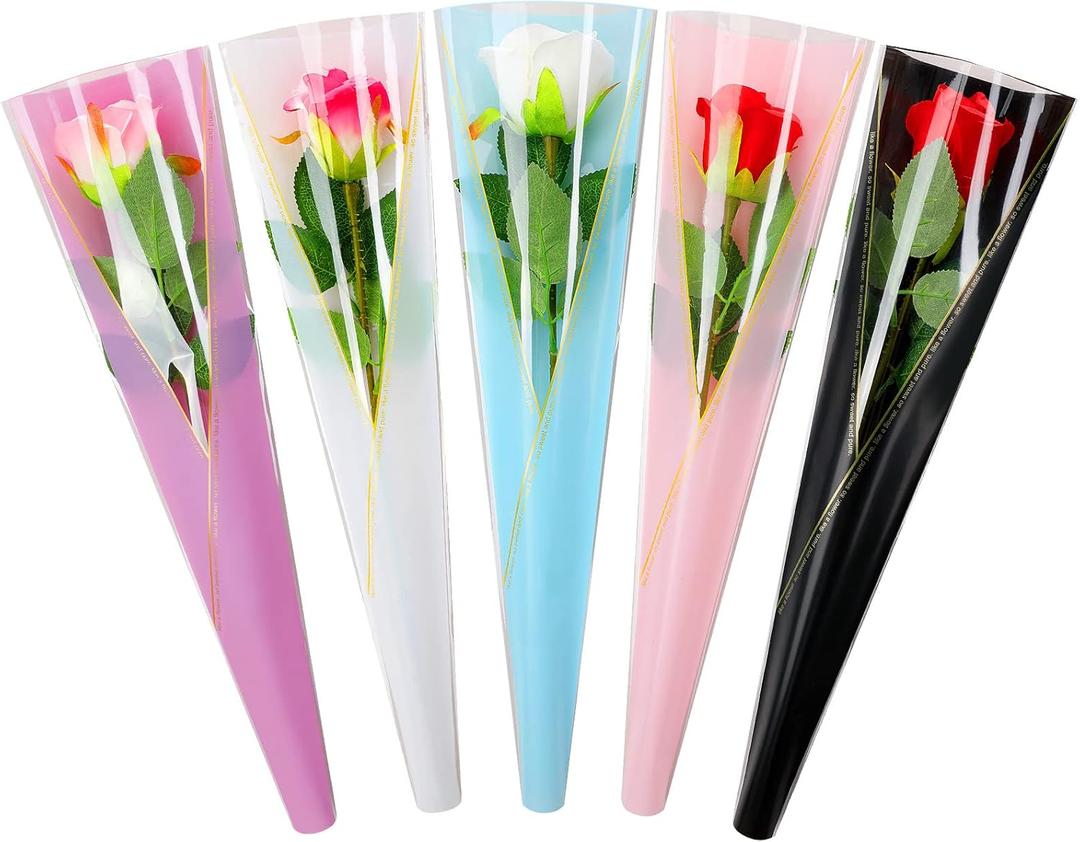 Geyee 250 Pcs Single Flower Sleeves Wrapping Bag Paper Rose Sleeve Floral Bouquet Wrap Single Rose Packaging Bags for Florist Bouquet Supplies Mother's Day Wedding Birthday Valentine Gift, 5 Colors
