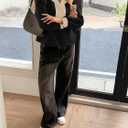 Fisoew Womens Cropped Oversized Sweatshirt Casual Lapel V Neck Long Sleeve Contrast Drawstring Loose Fit Fall Pullover Tops (Large, Black)