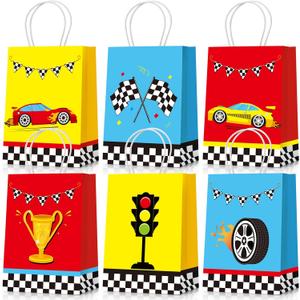 Nezyo 24 Pieces Race Car Party Favor Bags Car Birthday Party Supplies Goodie Gift Treat Bags with Handles for Checkered Flag Race Theme Two Fast Birthday Decorations Boy Gifts (24 Count (Pack of 1))