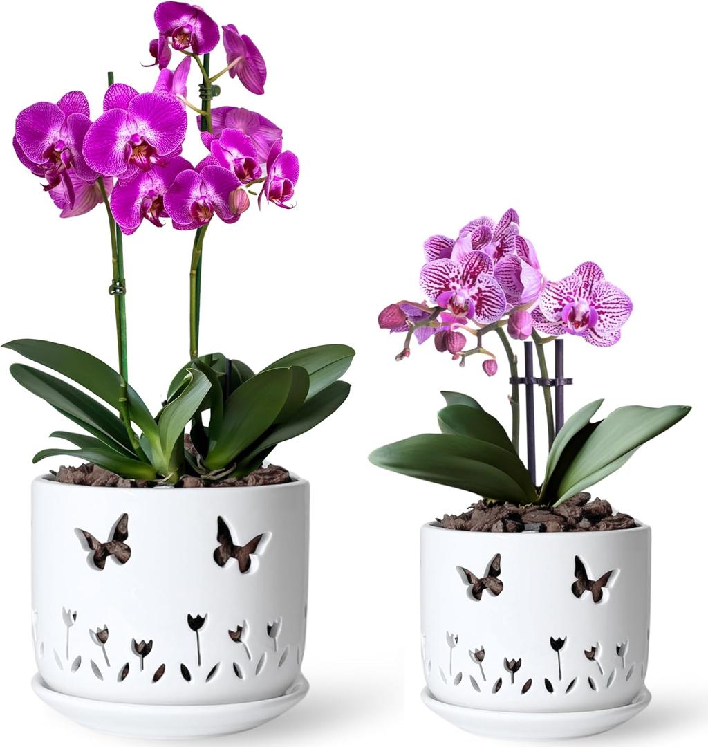 2 Pack, 5 + 6 Inch White Orchid Pots with Butterflies and Tulips Holes and Saucer, Ceramic Orchid Planters for Repotting with Drainage Holes and Tray Indoor Outdoor, Butterfly Gift