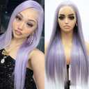 Long Light Purple Highlighted Glueless Straight Lace Front Wig Lavender 200 Density Pre Plucked Synthetic Heat Resistant Wig With Baby Hair Colorful Lace Wigs For Women Cosplay Party 26 inch