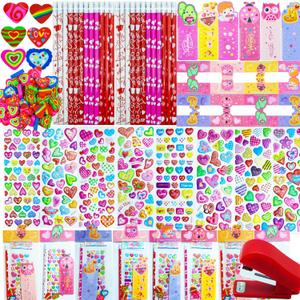 28 Pack Valentines Day Gifts for Kids - Valentine's Day Party Favors for School Exchanges Gifts with Erasers, Pencils, Stickers and Rulers, Valentine's Day Stationery Set with Gift Card