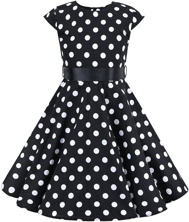 Kids 1950s Dresses for Girls Vintage 50s Style Polka Dot Dress Retro 50's Audrey Hepburn Rockabilly Party Swing Dress + Belt (Black, L)