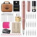 Permanent Eyebrow Makeup Tattoo Machine Kit with 700mAh Wireless Battery 15 pcs Cartridge Needles Microblading Supply for Eyebrow Lip Eyeliner Microshading Supplies(Pink Tattoo Kit)