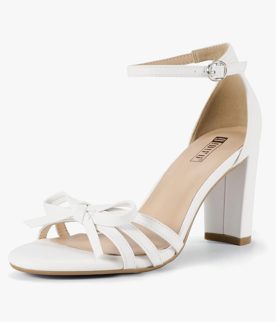 IDIFU Women's Bow Heels Chunky Block Open Toe Low Short Heels Wedding Bridal Prom Party Evening Homecoming Dress Shoes for Women Comfortable Ankle Strap Round Toe Heeled Sandals, Size 8