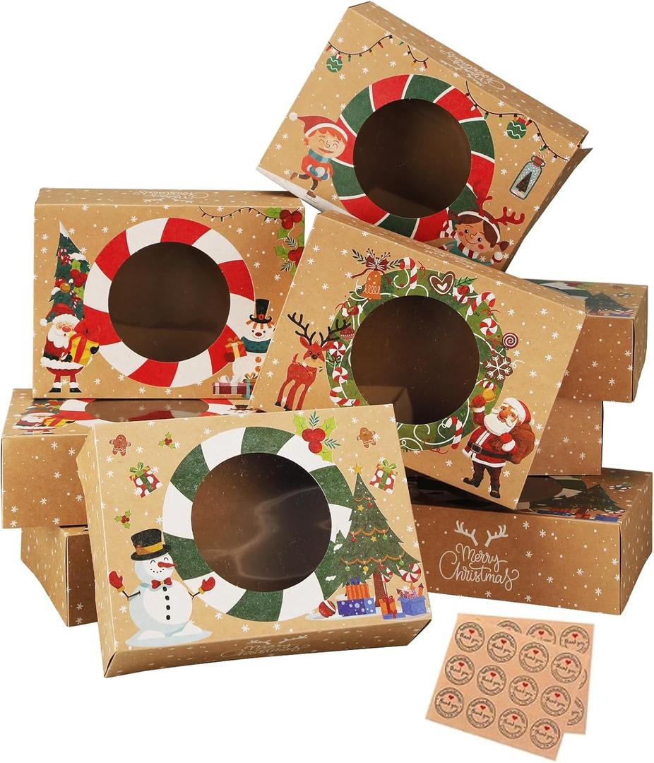 12pcs Christmas Cookie Boxes - 8.25inx5.75inx2.75in - Kraft Paper Bakery Treat Boxes for Holiday Gifts & Parties (brwon)