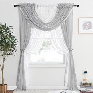 NICETOWN Sheer Curtain Elegant Voile Curtains for Living Room/Nursery, Victorian Drapes Rod Pocket, Light Grey & White (55"W x 84"L (Pack of 4))