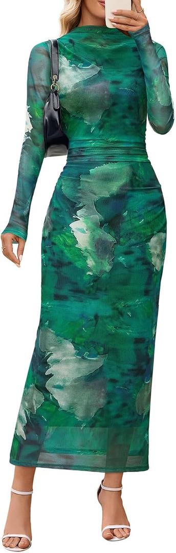 MEROKEETY Women's Spring Wedding Guest Dress 2026 Long Sleeve Bodycon Floral Mesh Fall Cocktail Holiday Party Maxi Dresses (Green)