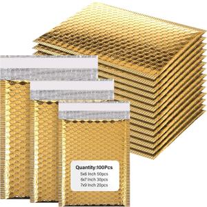 100 Pack Valentine's Day Gift Wrapping Bubble Mailers 3 Sizes Metallic Bubble Envelopes Waterproof Self Sealing Bags for Spring Back to School Packing Small Business(Gold,Metallic)