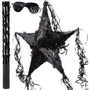 Hanaive Foil Star Piata with Blindfold and Bat for Birthday Foldable Star Shape Piata with Stick Festive Fiesta Party Supplies Favors for Mexican Party(Black) (23.6 x 23.6 Inches)