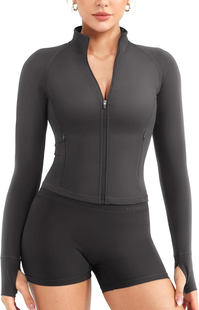 YEOREO Women Full Zip Workout Jacket with Pockets Thumb Hole Long Sleeve Athletic Cropped Jackets Gym Yoga Top (X-Small, Deep Gray)