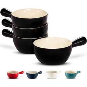 Kook French Onion Soup Crocks, Stackable Ceramic Bowls with Handles, Oven, Microwave and Dishwasher Safe, for Cereal, Soups, Casseroles, with Handle, Stoneware, 24 oz, Set of 4, Black