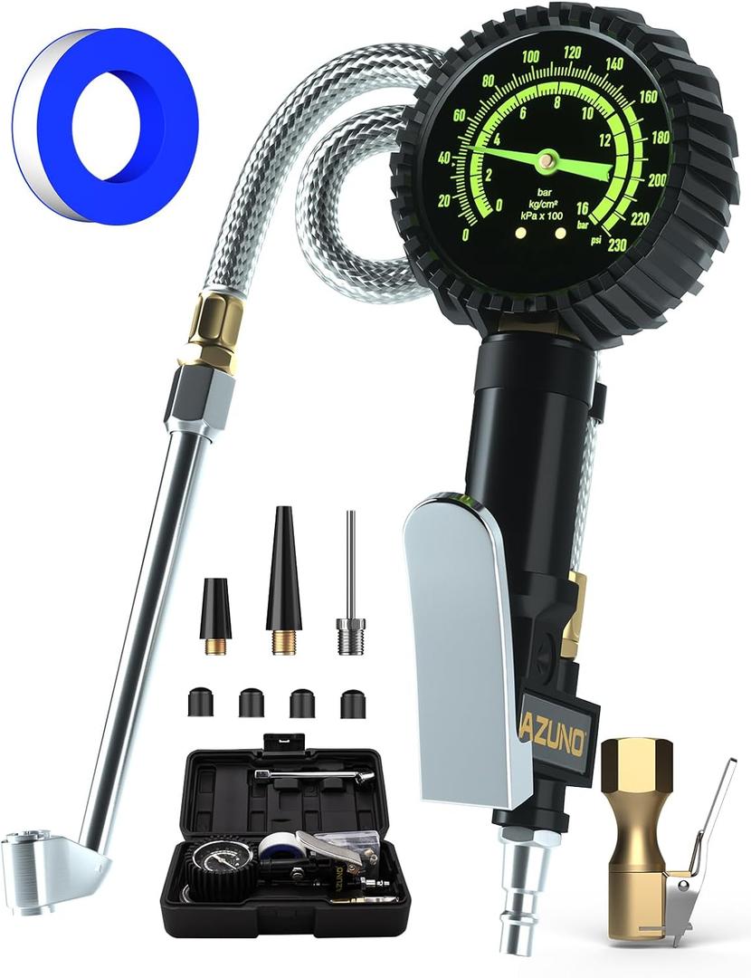 AZUNO Heavy Duty Tire Pressure Gauge, Tire Inflator Gauge 230PSI Air Chuck Air Compressor Attachments, with Steel Braided Hose, Large 2.6" Glow Dial & Quick Connect Coupler, for Truck/Car/SUV/RV/Bike