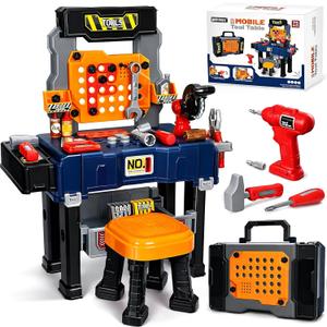Kids Tool Bench with Electric Drill and Chair, Christmas Birthday Gift for Boys Girls Age 3,4,5+ Fun Play Kids Workbench, Transformable Toddler Tool Box Set, Construction Tool Toys for Toddler 3-5