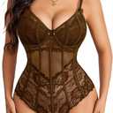 Avidlove Bodysuit for Women Sexy Lace Top One Piece Lingerie V Neck Mesh Tops Going Out Cami Naughty Push Up Body Suit S-XXL (XL, Brown)