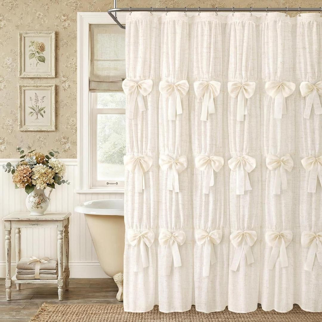 Cute Bows Shower Curtain Vintage Farmhouse Ruffle Shower Curtains for Bathroom,Cream,72" W x 72" L
