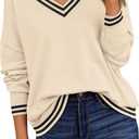 LILLUSORY Women V Neck Sweaters Oversized Striped Pullover Drop Shoulder Long Sleeve Knit Fall Fashion Outfits Clothes Top Apricot Small
