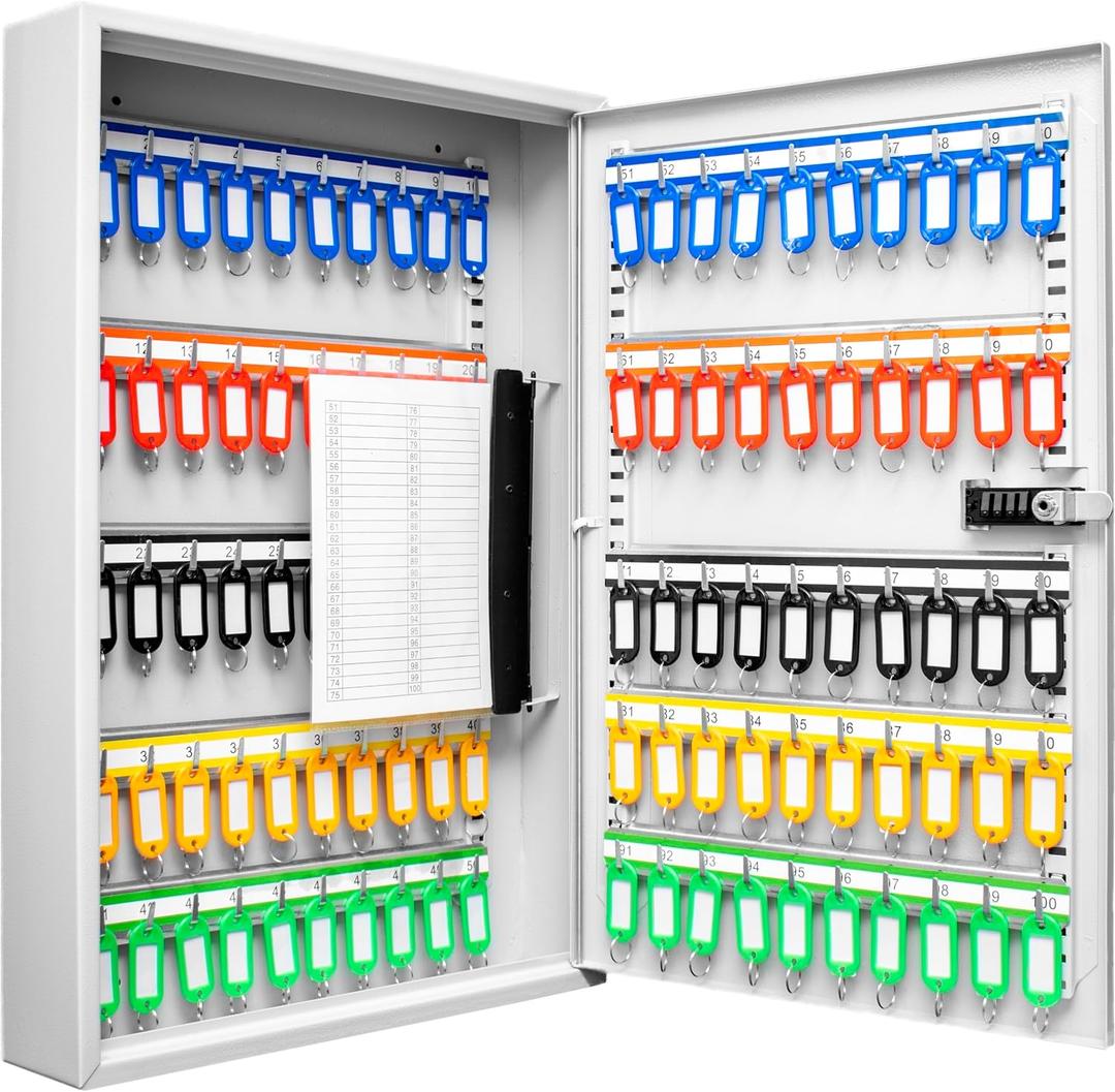 Barska 100 Position Combination Key Lock Box Wall Mount Steel Key Cabinet with Adjustable Numbered Hooks, Index Log, Colored Tags for Office or Business- Key box wall mount - Key locker - Storage