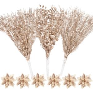 30 Pcs Christmas Tree Picks and Sprays Decorations, Champagne Glitter Floral Twig Berry Stems Branches Artificial Poinsettias for Home Christmas Tree Ornaments Wedding Holiday Xmas Party DIY Decor