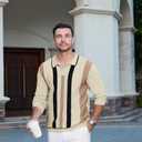 Ryehack Mens Casual Polo Shirts Knit Long Sleeve Vintage Striped Button T-Shirt Slim Fit Golf Vacation Shirt (L)