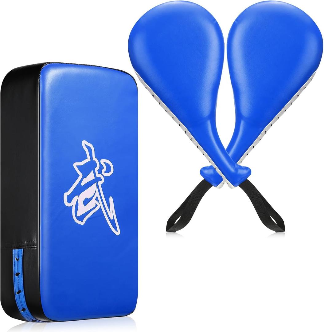Poen 3 Pcs Taekwondo Kick Pads Muay Thai MMA Karate Sparring Gear Martial Arts Kickboxing Training Pads Punching Striking Target Equipment PU Leather Paddles Strike Curved Kick Shield (Blue)