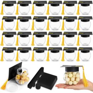 Teenyyou 24 Pcs Gold 2026 Graduation Cap Candy Jars Graduation Party Favors Candy Containers Bulk Grad Cap Box Jars Container with Tassels for DIY Table Party Supply Gifts