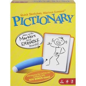 Mattel Games Pictionary Family Board Game for Kids, Adults and Game Night for 2 Teams with Erasable Markers, Boards and Sand Timer