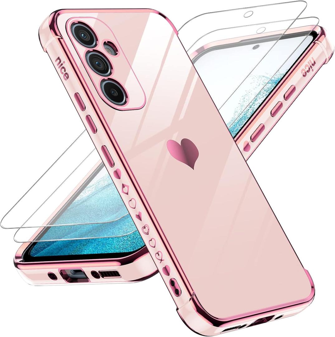 LeYi for Samsung Galaxy A54 5G Case with Tempered Glass Screen Protector [2 Pcs]+ Full Camera Lens Protection,Love Heart Plating Girly Women Cute Luxury Soft TPU Shockproof Case for A54 5G,Pink