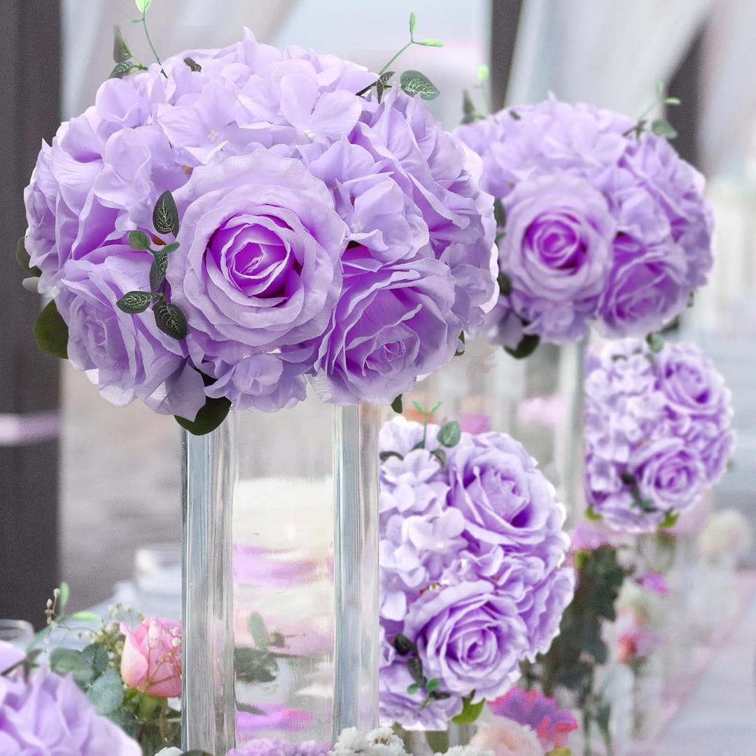 Zeyune 2 Pcs Flower Ball Centerpieces for Table Flower Ball Arrangement Bouquet Fake Flowers Silk Rose Balls for Weddings Artificial Floral for Birthday Party Home Decor (Purple)