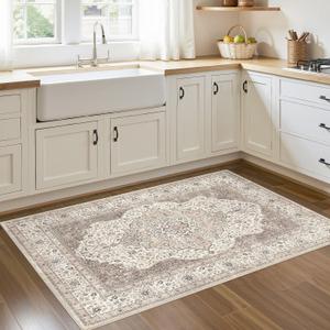 3x5 Washable Entryway Rug: Non-Slip Soft Indoor Throw Area Rug for Living Room Bedroom Kitchen, Boho Floral Distressed Durable Carpet for Hallway Bathroom Laundry Home Decor (Brown/Beige)
