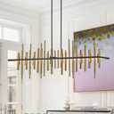 Rectangular Modern Industrial Black Gold Chandelier for Dining Room, LED Pendant Light Fixture for Kitchen Island Over Table 1.8 M(70In)