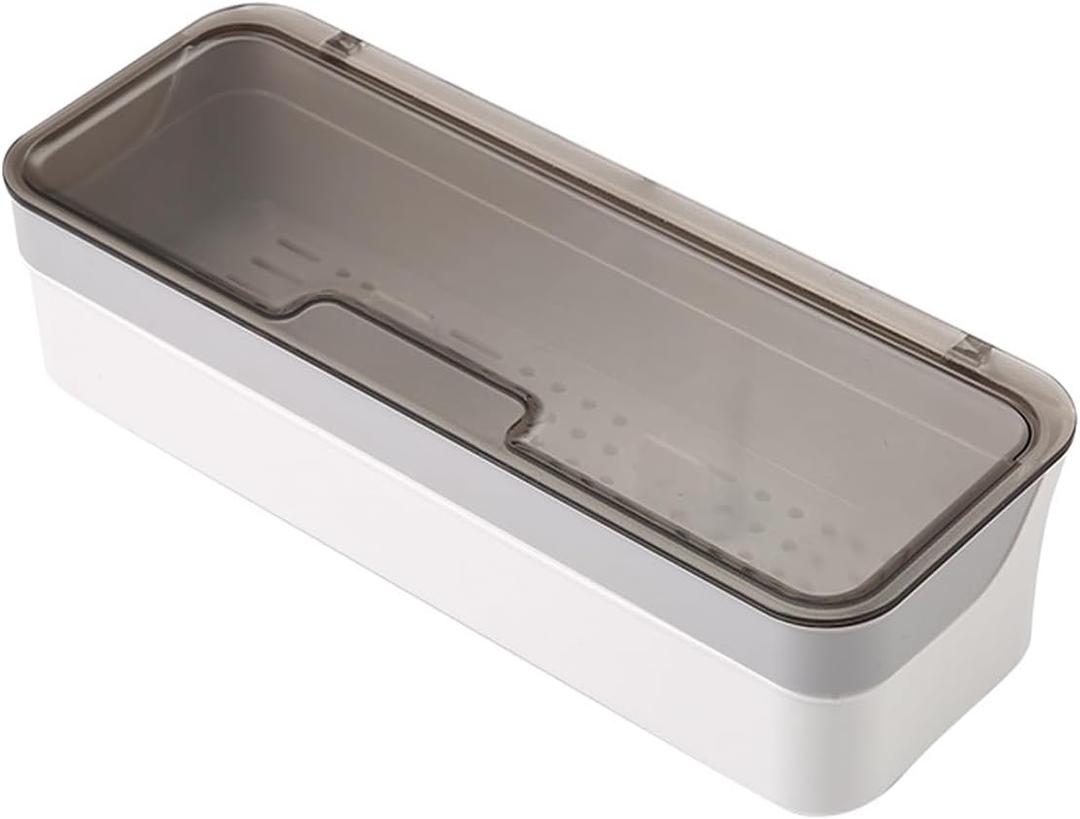 Large capacity Plastic Kitchen Drawer Organizer with Lid and Drainer Stackable Utensil Holder for Countertop Silverware Tray Flatware Organizers - 12.6x4.7x2.4 Inch Spatula Cutlery Tray (White+Grey)