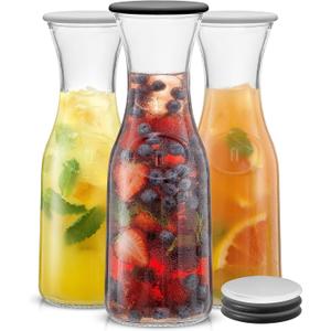JoyJolt Glass Carafe with Lid, Set of 3 1 Liter Glass Pitcher for Mimosa Bar, Water, Iced Tea, Juice, Lemonade, Milk Dishwasher Safe Beverage Drink Dispensers for Brunch, Parties