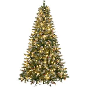 Yaheetech 6ft Pre-lit Frosted Artificial Hinged Christmas Tree with 818 Flocked PVC Tips,62 Pine Cones,62 Holly Berries & 250 Warm White Lights,Foldable Stand,Green