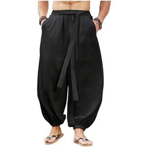 OYOANGLE Men's Harem Pants with Pocket Baggy Aladdin Hippie Loose Fit Elastic Waist Wide Leg Japanese Pants XXL