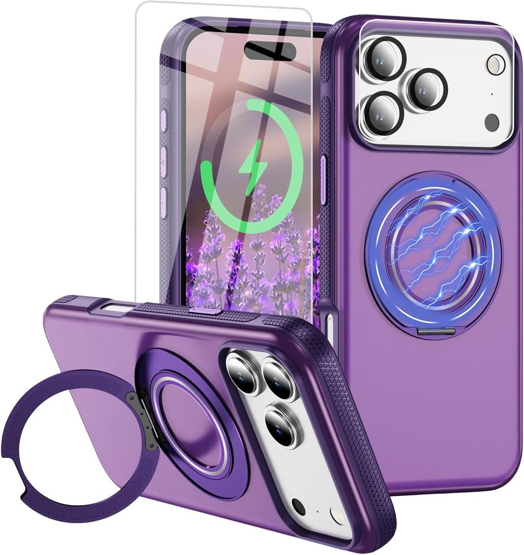for iPhone 17 Pro Case [Compatible with Magsafe] [15 FT Military Grade Drop Protection] with Screen Protector & Lens Protector,Shockproof Kickstand Phone Case for iPhone 17 Pro (Purple)